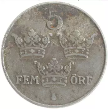 Монета 5 эре Швеции 1947 года Железо Густав V