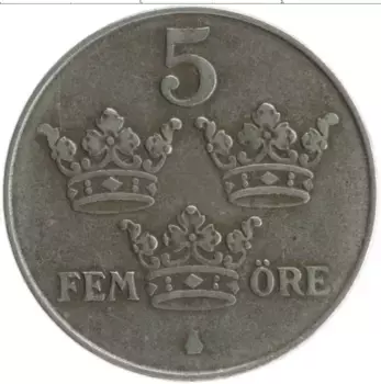 Монета 5 эре Швеции 1949 года Железо Густав V