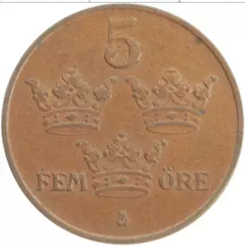 Монета 5 эре Швеции 1950 года Бронза Густав V