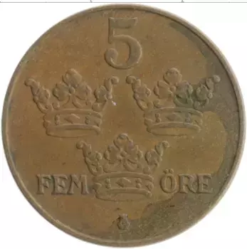 Монета 5 эре Швеции 1950 года Бронза Густав V