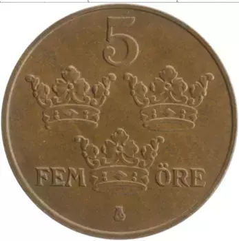 Монета 5 эре Швеции 1950 года Бронза Густав V