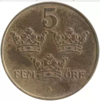 Монета 5 эре Швеции 1950 года Бронза Густав V
