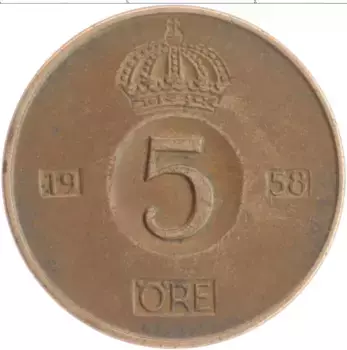 Монета 5 эре Швеции 1958 года Бронза Густав VI Адольф