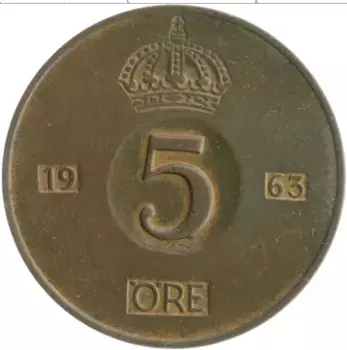 Монета 5 эре Швеции 1963 года Бронза Густав VI Адольф