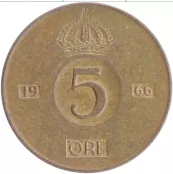 Монета 5 эре Швеции 1966 года Бронза Густав VI Адольф