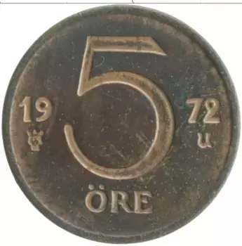Монета 5 эре Швеции 1972 года Бронза Густав VI Адольф