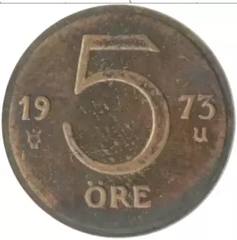 Монета 5 эре Швеции 1973 года Бронза Густав VI Адольф