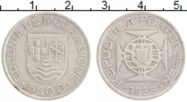 Монета 5 эскудо Мозамбика 1935 года Серебро Португальская колония