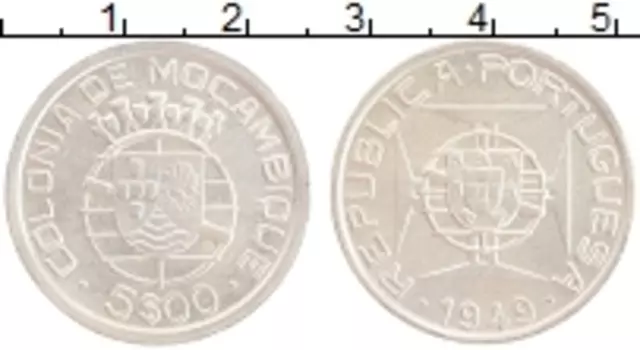 Монета 5 эскудо Мозамбика 1949 года Серебро