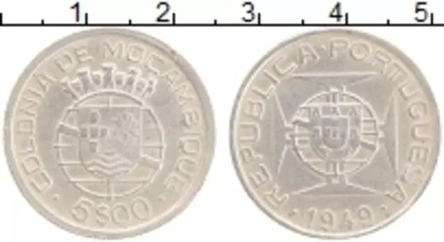 Монета 5 эскудо Мозамбика 1949 года Серебро