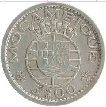 Монета 5 эскудо Мозамбика 1960 года Серебро