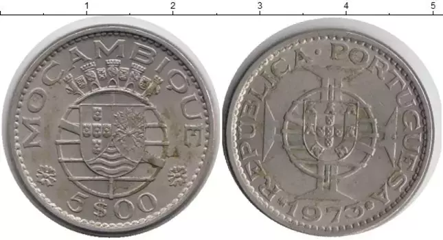 Монета 5 эскудо Мозамбика 1965 года Медно-никель Колония Португалии