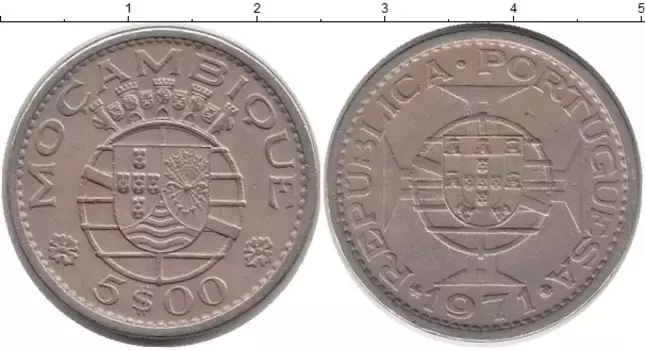 Монета 5 эскудо Мозамбика 1971 года Медно-никель