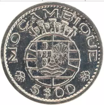 Монета 5 эскудо Мозамбика 1971 года Медно-никель