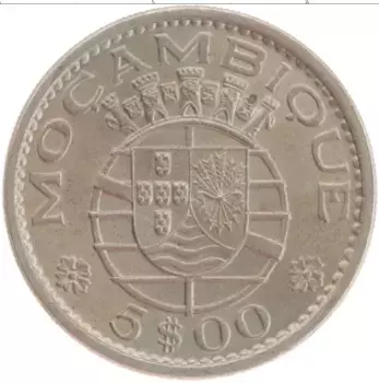 Монета 5 эскудо Мозамбика 1971 года Медно-никель