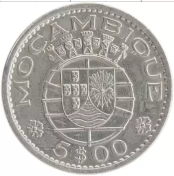 Монета 5 эскудо Мозамбика 1971 года Медно-никель