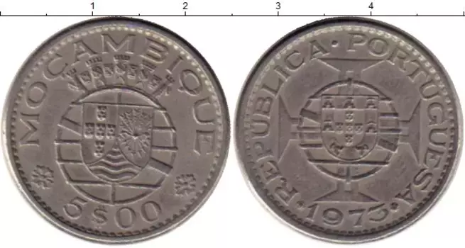 Монета 5 эскудо Мозамбика 1973 года Медно-никель