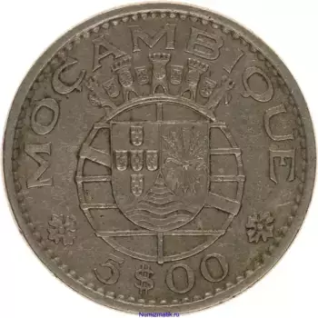 Монета 5 эскудо Мозамбика 1973 года Медно-никель