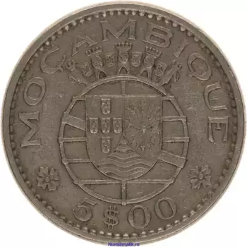Монета 5 эскудо Мозамбика 1973 года Медно-никель