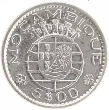 Монета 5 эскудо Мозамбика 1973 года Медно-никель