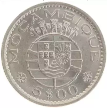 Монета 5 эскудо Мозамбика 1973 года Медно-никель