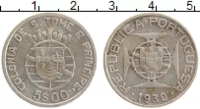 Монета 5 эскудо Сан-Томе и Принсипи 1939 года Серебро