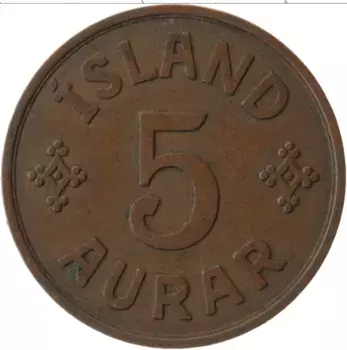Монета 5 аурар Исландии 1940 года Бронза Кристиан Х