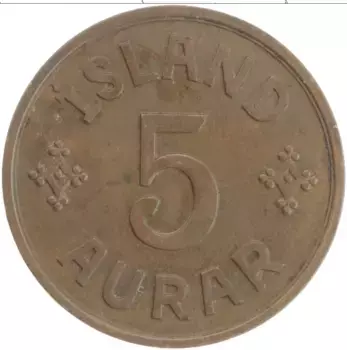 Монета 5 аурар Исландии 1940 года Бронза Кристиан X