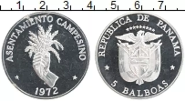 Монета 5 бальбоа Панамы 1972 года Серебро ФАО