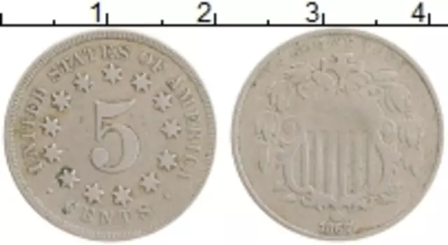 Монета 5 центов Америки 1867 года Медно-никель Герб
