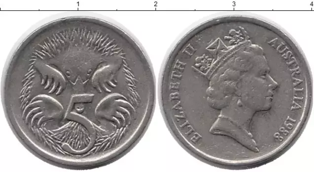 Монета 5 центов Австралии 1988 года Медно-никель Ехидна, Елизавета II