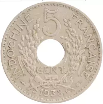 Монета 5 центов Индокитая 1938 года Медно-никель Французский