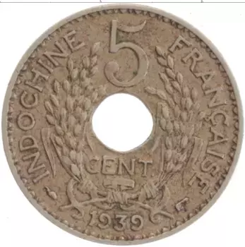 Монета 5 центов Индокитая 1939 года Медно-никель