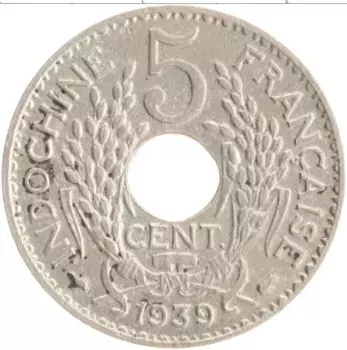 Монета 5 центов Индокитая 1939 года Медно-никель Протекторат Франции