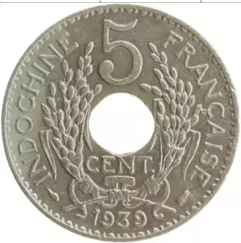 Монета 5 центов Индокитая 1939 года Медно-никель Протекторат Франции