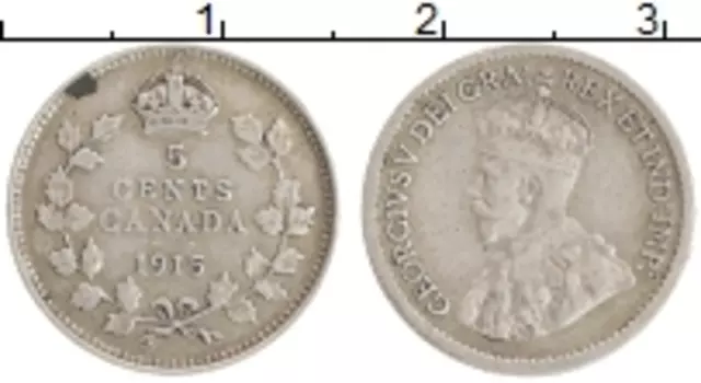 Монета 5 центов Канады 1915 года Серебро Георг V