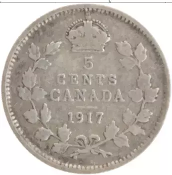 Монета 5 центов Канады 1917 года Серебро Георг V