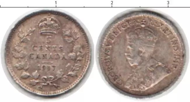 Монета 5 центов Канады 1917 года Серебро Георг V