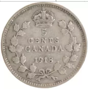 Монета 5 центов Канады 1918 года Серебро Георг V