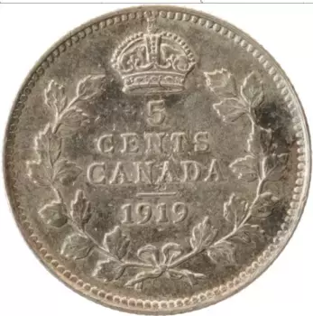 Монета 5 центов Канады 1919 года Серебро Георг V
