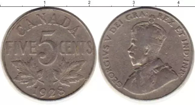 Монета 5 центов Канады 1928 года Медно-никель Георг V
