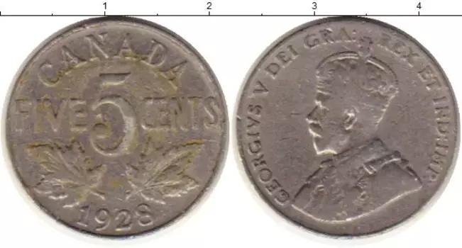 Монета 5 центов Канады 1928 года Медно-никель Георг V