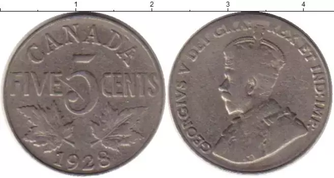 Монета 5 центов Канады 1928 года Медно-никель Георг V