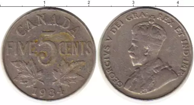 Монета 5 центов Канады 1934 года Медно-никель Георг V