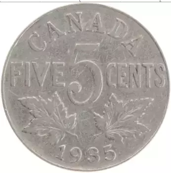 Монета 5 центов Канады 1935 года Медно-никель Георг V