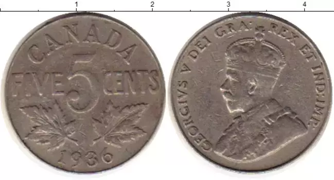 Монета 5 центов Канады 1936 года Медно-никель Георг V