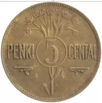 Монета 5 центов Литвы 1925 года Бронза