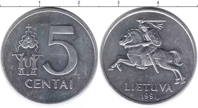 Монета 5 центов Литвы 1991 года Алюминий