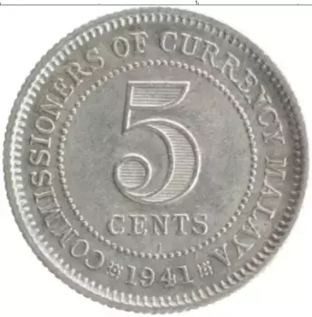 Монета 5 центов Малайи 1941 года Серебро Георг VI
