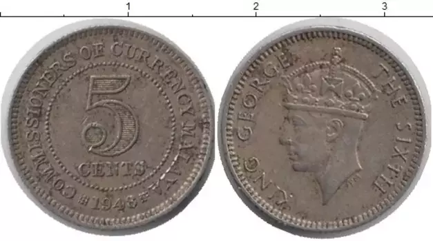 Монета 5 центов Малайи 1948 года Медно-никель Георг VI